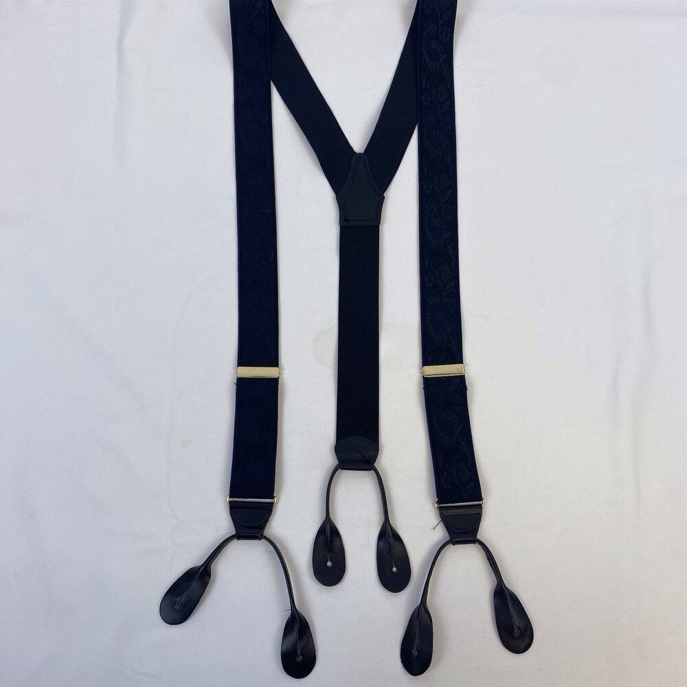 CAS Suspenders Made in West Germany Leather Black Blue Floral Print